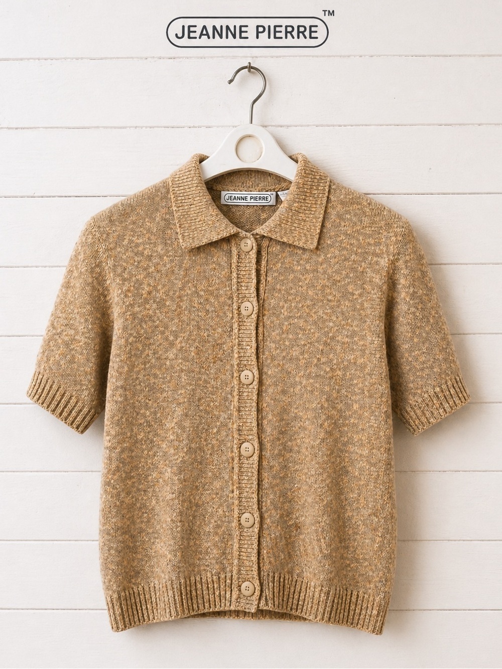 JEANNE PIERRE Beige Knit Short Sleeve Cardigan – Size M